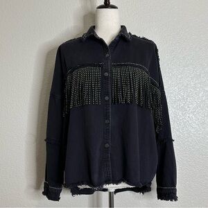 Zara Woman Western Black Denim Studded Fringe Jacket, Sz Small